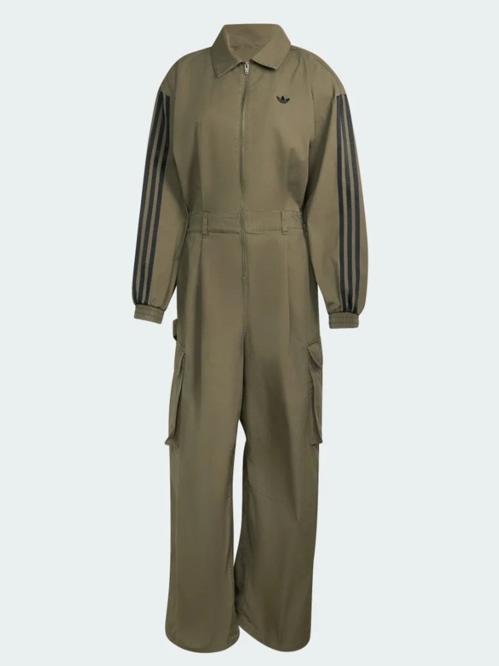 adidas Olive Green Utility Cargo Jumpsuit with Black Stripes